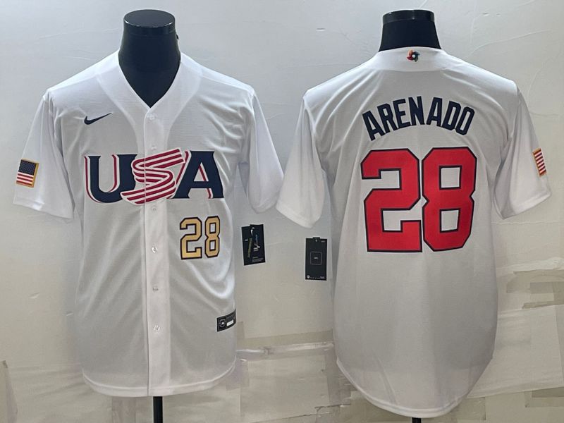 Men 2023 World Cub USA 28 Arenado White Nike MLB Jersey2